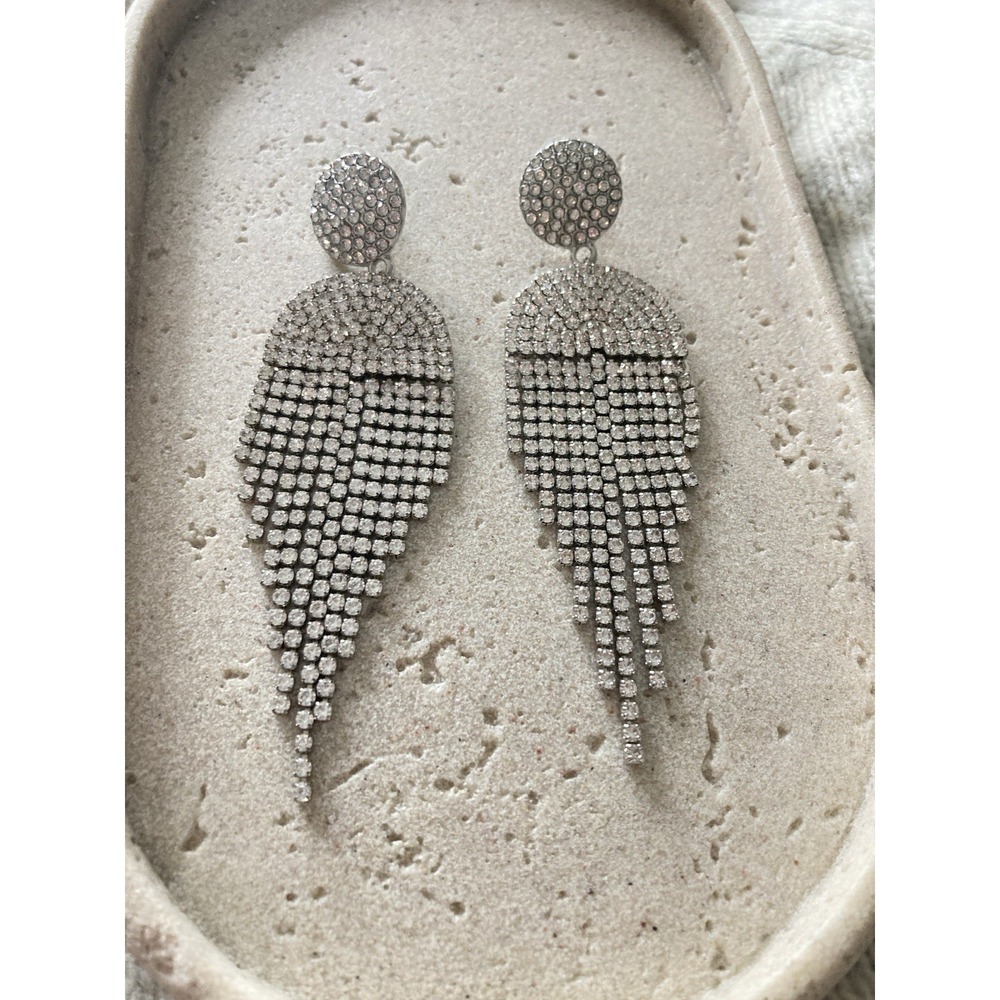 Silver Tone Rhinestone Fringe Earrings‎ Waterfall Dangle Statement Party Glam